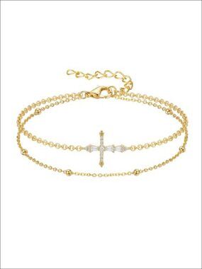 14K Gold Plated Double Layered Cross Charm Bracelet Cubic Zirconia Religious